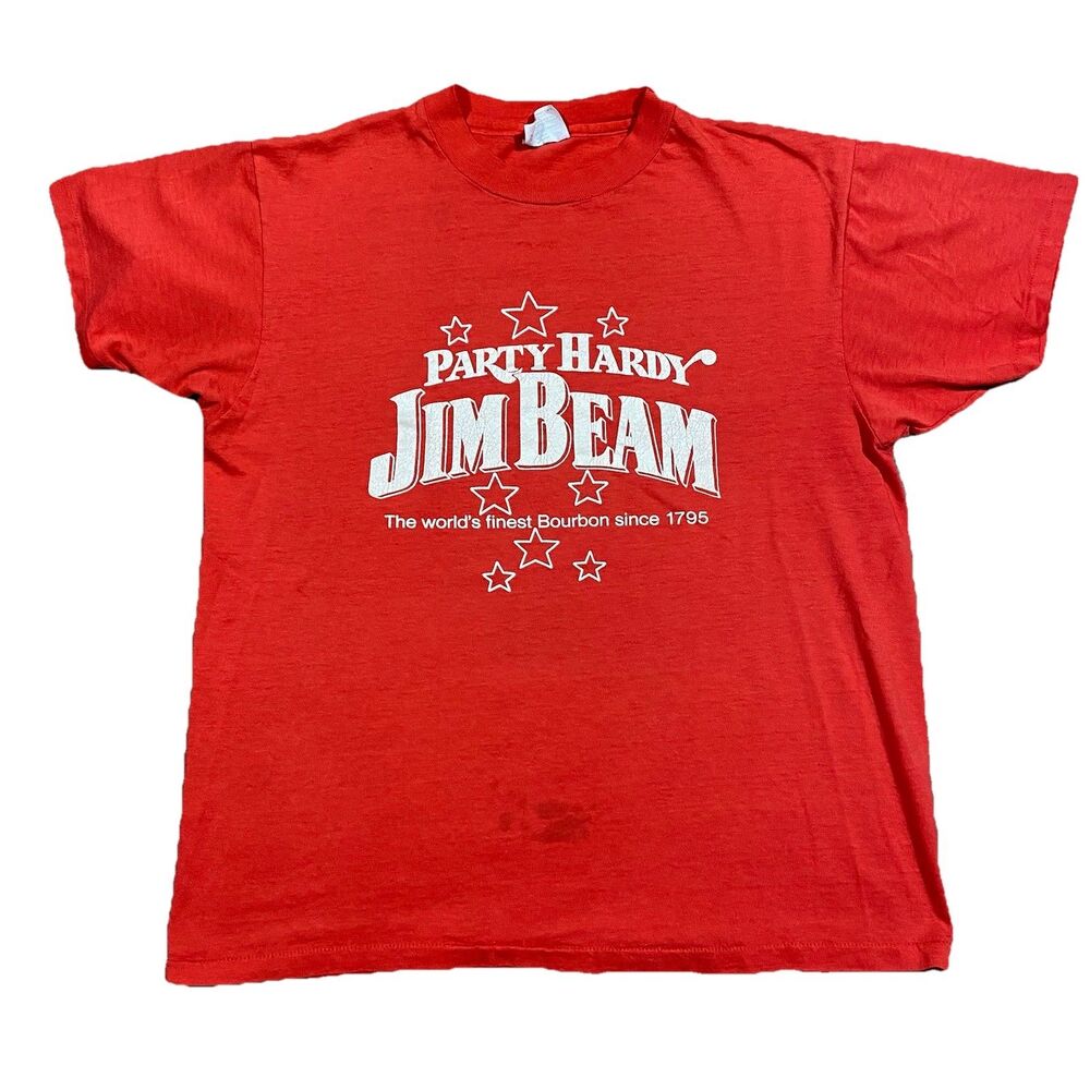 Vintage 80s Jim Beam Party Hardy Red T-Shirt Hanes 50/50 USA Single Stitch L